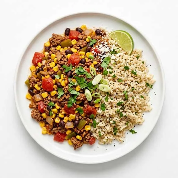 One pot mexican beef and corn with cilantro brown rice